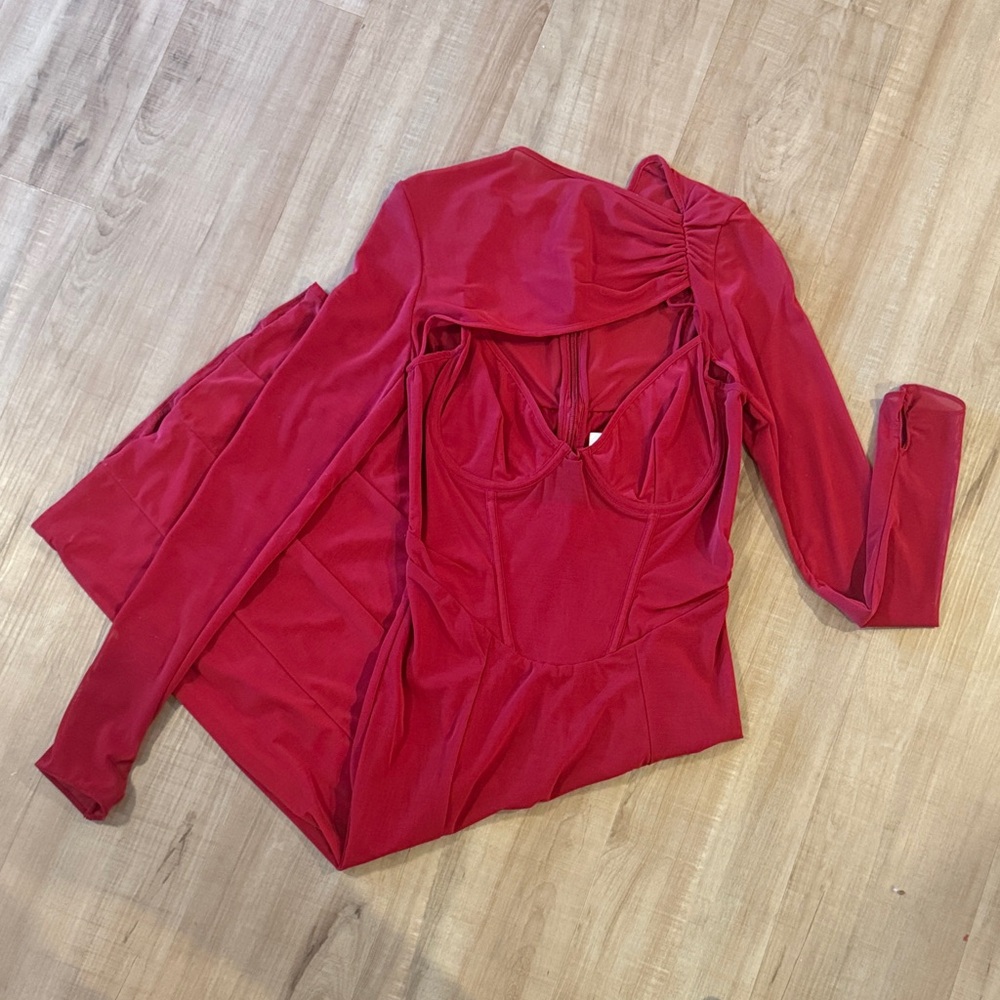 Elegant Red Midi Corset Mesh Dress